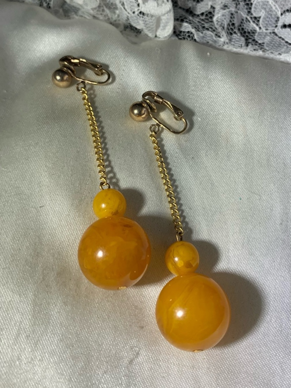 Vintage ButterScotch Gold-Tone Clip-On Earrings with Yellow Double Bead Drops